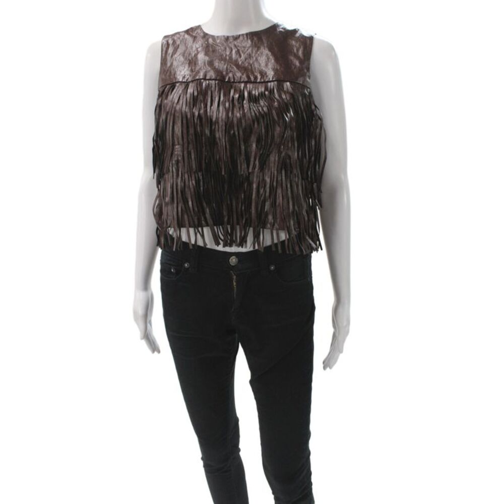 Nicoli Women Camisole Faux Leather Brown Fringe Zip Round Neck Size M